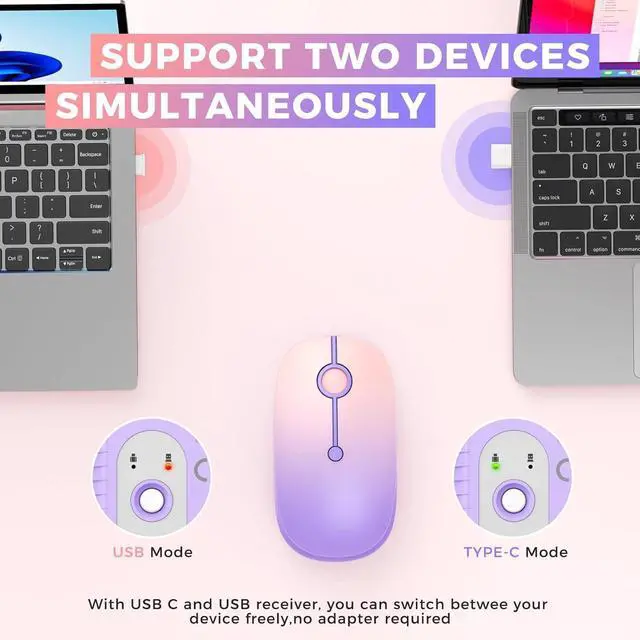 Alt view image 3 of 3 - Type C Wireless Mouse, USB C MacBook Wireless Mouse Dual Mode 2.4G Cordless Mice with Nano USB and Type C Receiver Compatible with PC, Laptop, MacBook, ipad-Gradient Purple