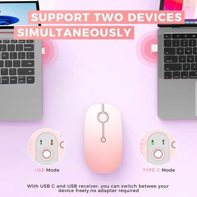Alt view image 2 of 5 - Type C Wireless Mouse, USB C MacBook Wireless Mouse Dual Mode 2.4G Cordless Mice with Nano USB and Type C Receiver Compatible with PC, Laptop, MacBook, ipad-Gradient Pink