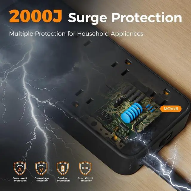 Alt view image 2 of 7 - 2000J Surge Protector Power Strip, 5 FT Extension Cord with Multiple Outlets Flat Plug, 3 USB (1 USB C) and 8 AC Outlets, Wall Mount USB Charging Station for Home Office Supplies, Black