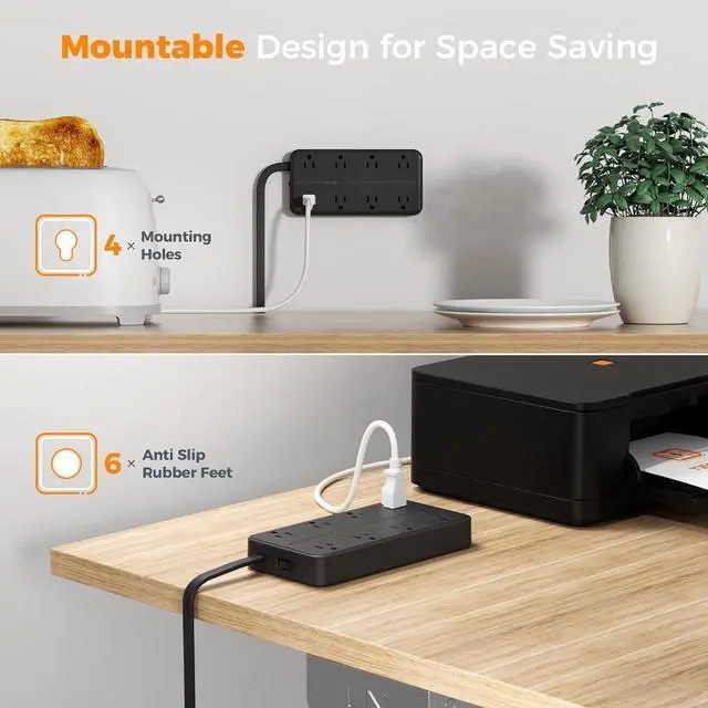 Alt view image 6 of 7 - 2000J Surge Protector Power Strip, 5 FT Extension Cord with Multiple Outlets Flat Plug, 3 USB (1 USB C) and 8 AC Outlets, Wall Mount USB Charging Station for Home Office Supplies, Black