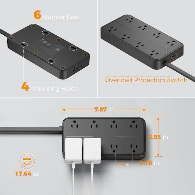 Alt view image 7 of 7 - 2000J Surge Protector Power Strip, 5 FT Extension Cord with Multiple Outlets Flat Plug, 3 USB (1 USB C) and 8 AC Outlets, Wall Mount USB Charging Station for Home Office Supplies, Black