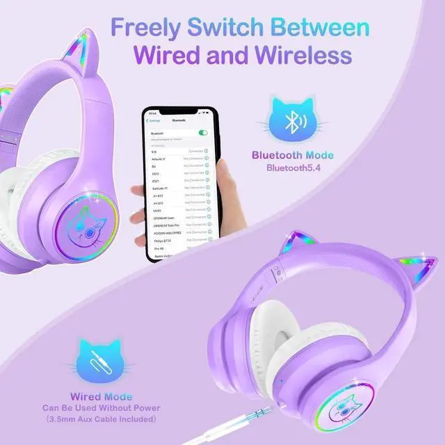 Alt view image 3 of 5 - Bluetooth 5.4 Kids Headphones with Case - RGB LED Light Up Cat Ears Foldable Adjustable Over Ear Headphone Support Wireless or 3.5mm Wired Mode for Toddler & Girls & Boys Teens