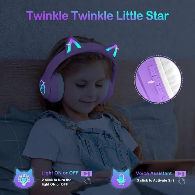Alt view image 4 of 5 - Bluetooth 5.4 Kids Headphones with Case - RGB LED Light Up Cat Ears Foldable Adjustable Over Ear Headphone Support Wireless or 3.5mm Wired Mode for Toddler & Girls & Boys Teens