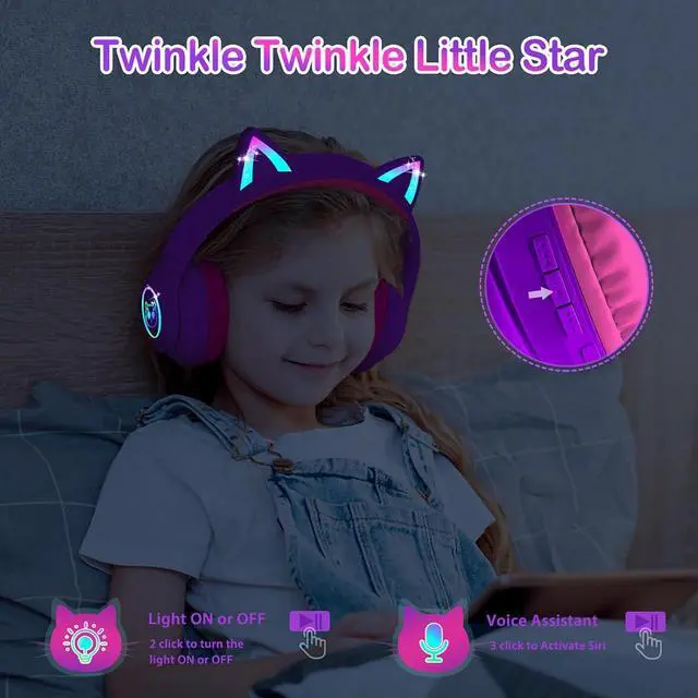 Alt view image 4 of 5 - Bluetooth 5.4 Kids Headphones with Case - RGB LED Light Up Cat Ears Foldable Adjustable Over Ear Headphone Support Wireless or 3.5mm Wired Mode for Toddler & Girls & Boys Teens
