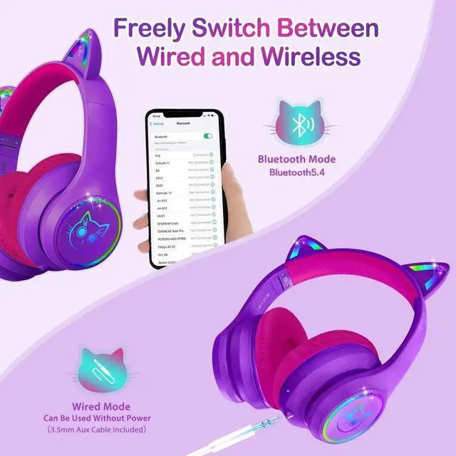 Alt view image 3 of 5 - Bluetooth 5.4 Kids Headphones with Case - RGB LED Light Up Cat Ears Foldable Adjustable Over Ear Headphone Support Wireless or 3.5mm Wired Mode for Toddler & Girls & Boys Teens