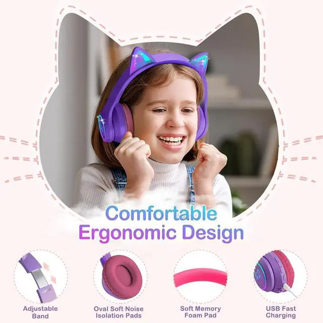 Alt view image 2 of 5 - Bluetooth 5.4 Kids Headphones with Case - RGB LED Light Up Cat Ears Foldable Adjustable Over Ear Headphone Support Wireless or 3.5mm Wired Mode for Toddler & Girls & Boys Teens