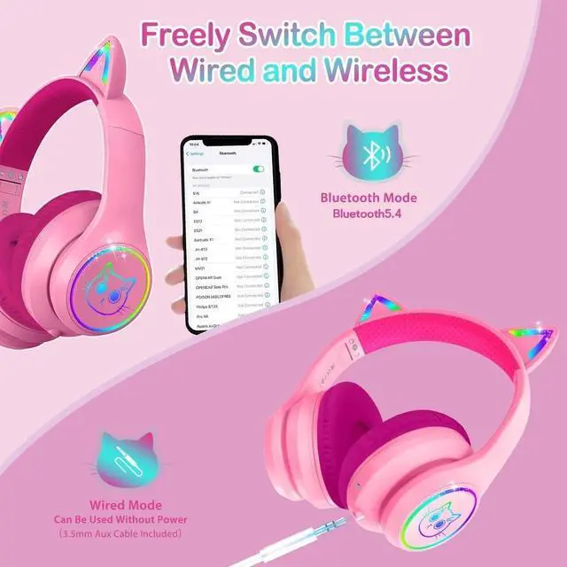 Alt view image 3 of 5 - Bluetooth 5.4 Kids Headphones with Case - RGB LED Light Up Cat Ears Foldable Adjustable Over Ear Headphone Support Wireless or 3.5mm Wired Mode for Toddler & Girls & Boys Teens