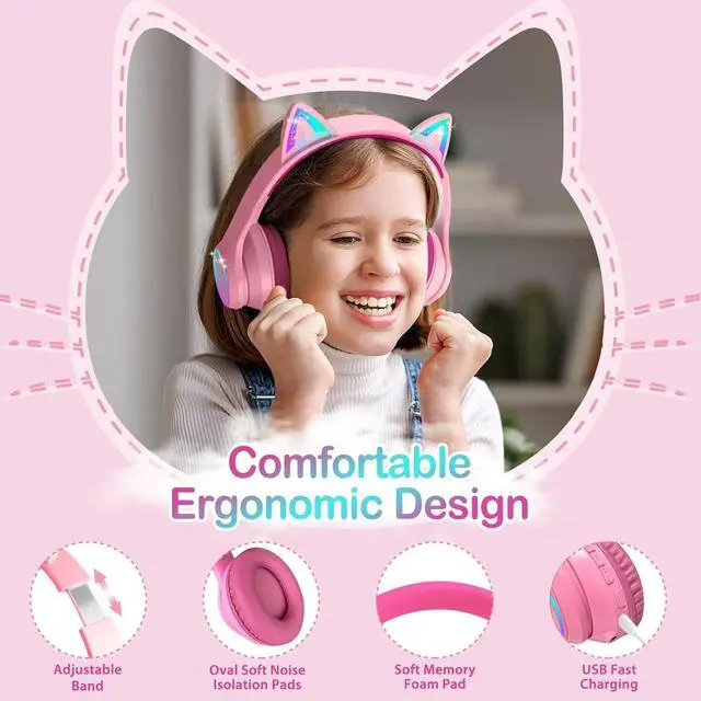 Alt view image 2 of 5 - Bluetooth 5.4 Kids Headphones with Case - RGB LED Light Up Cat Ears Foldable Adjustable Over Ear Headphone Support Wireless or 3.5mm Wired Mode for Toddler & Girls & Boys Teens