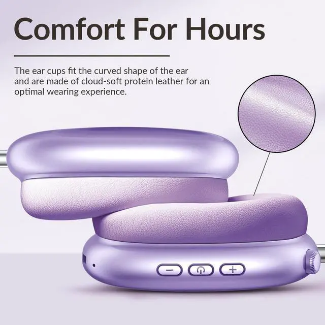 Alt view image 2 of 5 - Y02 Active Noise Cancelling Headphones,60H Battery,5 EQ Music Modes,Hi-Res Audio,Deep Bass,Foldable Wireless Over Ear Bluetooth 5.4 Headset,Breathable Leather Earpads (Purple)