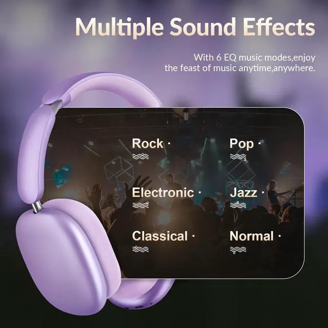 Alt view image 4 of 5 - Y02 Active Noise Cancelling Headphones,60H Battery,5 EQ Music Modes,Hi-Res Audio,Deep Bass,Foldable Wireless Over Ear Bluetooth 5.4 Headset,Breathable Leather Earpads (Purple)