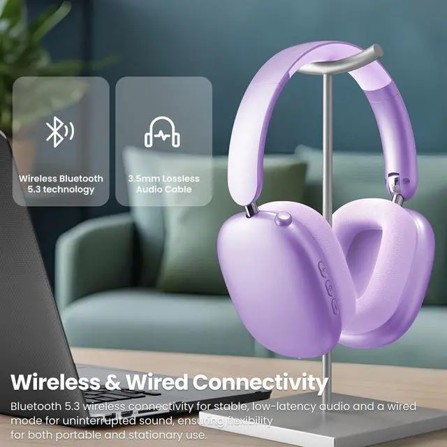 Alt view image 3 of 4 - Y01 Wireless Over Ear Headphones, Noise Canceling Bluetooth 5.3 Headphones with Microphones,Hi-Res Audio,48H Playtime,Foldable,Breathable Soft Earpads for iOS/Android/Samsung/PC-Purple