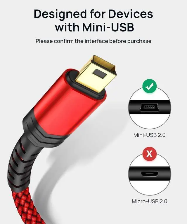 Alt view image 2 of 5 - Mini USB Cable[2-Pack 3.3ft+3.3ft] USB 2.0 Type A to Mini B Fast Charging Braided Cord Compatible with Blue Yeti Microphone Garmin Nuvi GPS 50 55 Ti-84 Plus CE Canon Rebel t7 Camera Go pro Red