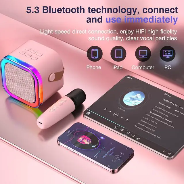 Alt view image 4 of 7 - Mini Karaoke Machine for Kids Ages 2-12, Portable Bluetooth Karaoke Speaker with LED Party Lights & 2 Wireless Microphones, Perfect Birthday & Holiday Toys Gifts for Girls Boys (Pink)
