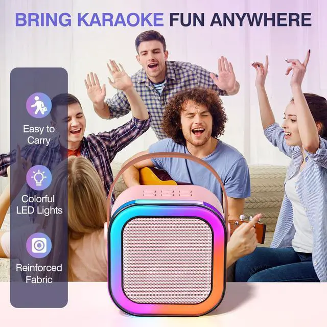 Alt view image 7 of 7 - Mini Karaoke Machine for Kids Ages 2-12, Portable Bluetooth Karaoke Speaker with LED Party Lights & 2 Wireless Microphones, Perfect Birthday & Holiday Toys Gifts for Girls Boys (Pink)