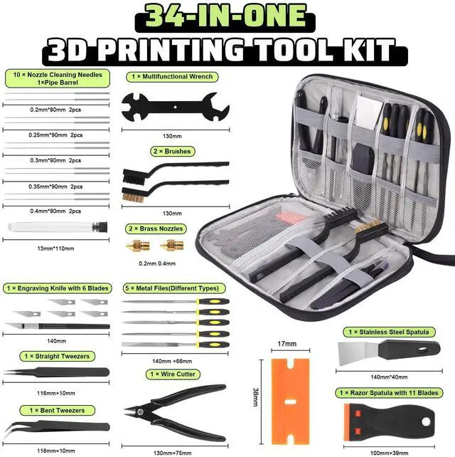 Alt view image 2 of 7 - 3D Printer Tools Kit, 34pcs 3D Printer Accessories for All FDM/SLA Printers Includes Nozzle Cleaning Tools, Removal Scrapers, Finishing Tools, 5 Types of Files,Brushes, Wire Cutter, Engraving Knife
