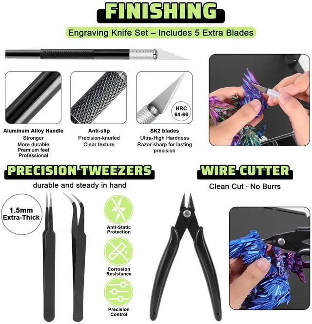 Alt view image 6 of 7 - 3D Printer Tools Kit, 34pcs 3D Printer Accessories for All FDM/SLA Printers Includes Nozzle Cleaning Tools, Removal Scrapers, Finishing Tools, 5 Types of Files,Brushes, Wire Cutter, Engraving Knife