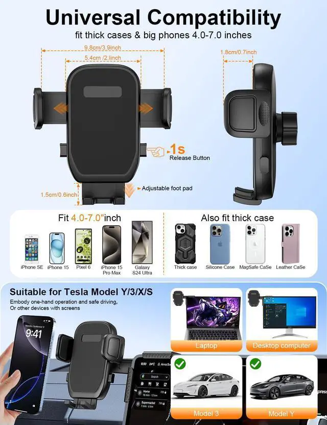 Alt view image 7 of 7 - Tesla Phone Mount, 360° Adjustable Universal Tesla Model Y Accessories, Phone Holders for Your car for Tesla Model 3/Y/S/X/Cybertruck Screen, Non-Adhesive for Car Phone Holder Fits All Phone