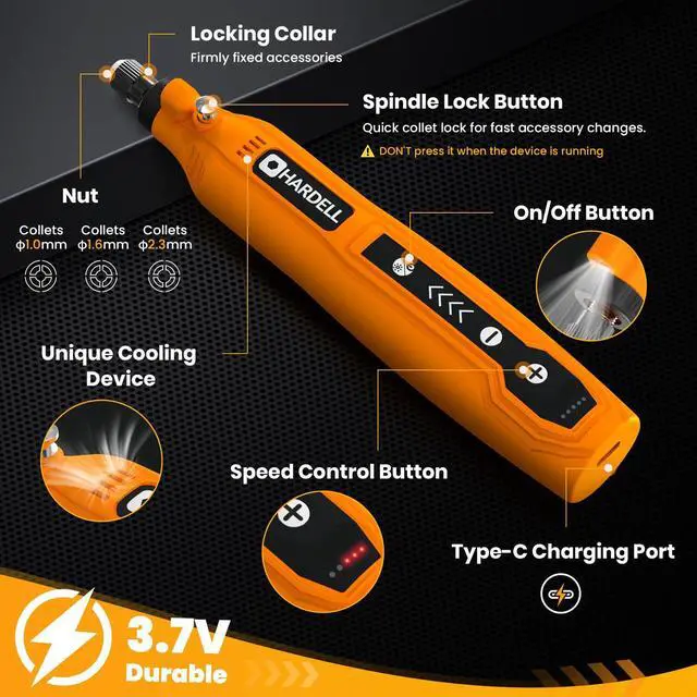 Alt view image 2 of 7 - Abourt Mini Cordless Rotary Tool, 5-Speed and USB Charging Rotary Tool Kit with 69 Accessories, Multi-Purpose 3.7V Power Rotary Tool for Sanding, Polishing, Drilling, Etching, Engraving, DIY Crafts