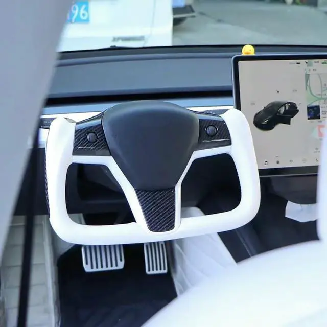 Alt view image 4 of 5 - Abourt Yoke Steering Wheel Personalized for Tesla 3 Y, Perforated Nappa Leather with Carbon Fiber Glossy for Tesla Model 3 2017-2023, Model Y 2019-2024 With Heating Function