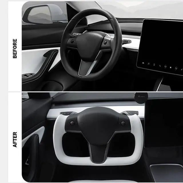 Alt view image 5 of 5 - Abourt Yoke Steering Wheel Personalized for Tesla 3 Y, Perforated Nappa Leather with Carbon Fiber Glossy for Tesla Model 3 2017-2023, Model Y 2019-2024 With Heating Function