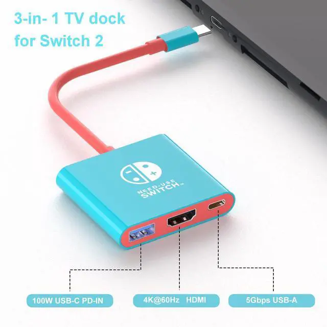 Alt view image 2 of 7 - Abourt Switch 2 Dock, Portable TV Dock Station for Switch/Switch 2/Steam Deck/ROG Ally/Legion GO, 3-in-1 Switch 2 Travel Dock with HDMI 4K@60Hz, USB 3.0 and 100W Charge PD Port