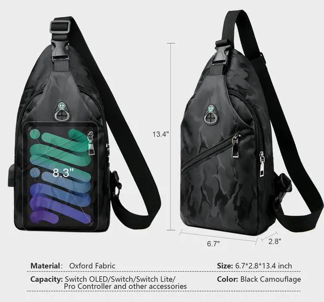 Alt view image 6 of 7 - Abourt Sling Crossbody Backpack for Nintendo Switch/2/Lite/OLED, Portable Waterproof Shoulder Chest Carrying Travel Bag for NS Console Dock Joy-Cons & Accessories Storage for Men, USB Charging Port