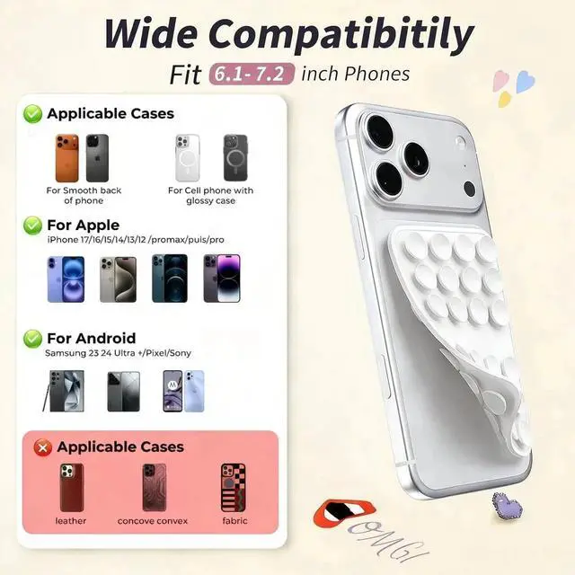 Alt view image 5 of 7 - Upgraded Double Sided Silicone Suction Cup Phone Case Mount, Sticky Phone Grip Holder for Hands-Free Selfes & Videos, Reusable Silicone Phone Suction Grip for iPhone & Android, White