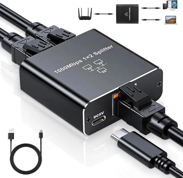 Main image of C&N Gigabit Ethernet Splitter 1 to 2 - Network Internet Splitter Adapter with USB Power Cable, RJ45 1000Mbps High Speed for Cat 5/5e/6/7/8 Cable [2 Devices Networked Simultaneously]