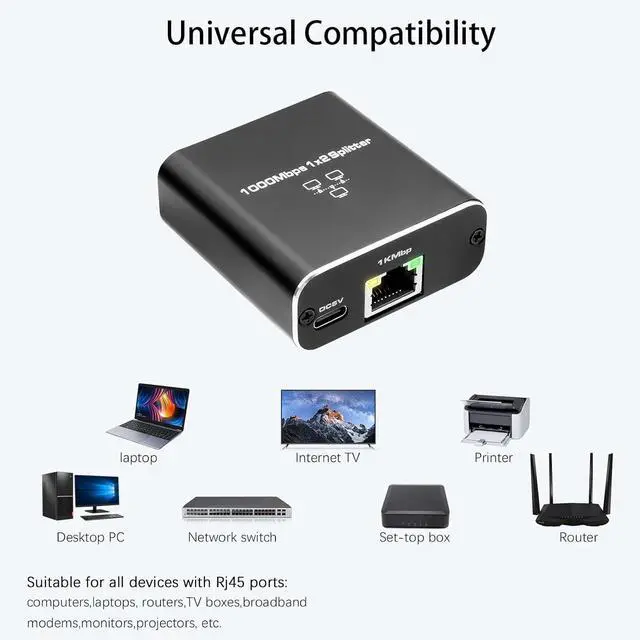 Alt view image 2 of 7 - C&N Gigabit Ethernet Splitter 1 to 2 - Network Internet Splitter Adapter with USB Power Cable, RJ45 1000Mbps High Speed for Cat 5/5e/6/7/8 Cable [2 Devices Networked Simultaneously]