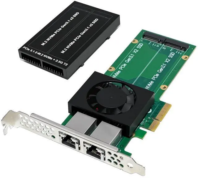 Alt view image 5 of 7 - C&N PCIe 3.1 X4 to Dual 2.5G Network Card+Dual M.2 NVMe PCIe Adapter with Low Profile Bracket Support M.2 (M Key) NVMe SSD 22110/2280 /2260/2242 /2230