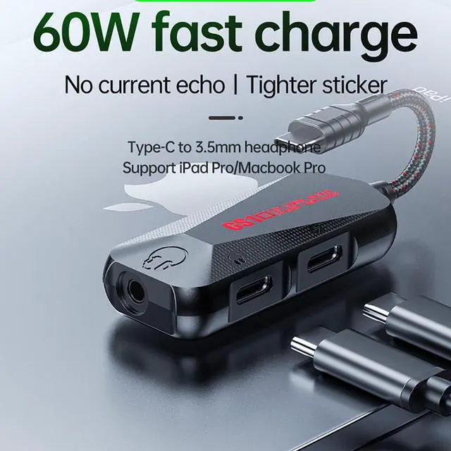 Alt view image 2 of 7 - C&N USB C to 3.5mm / USB C Audio Adapter and Charger 3 in 1 Hi-Res 32bit Aux to USB C with PD 60W Fast Charging Dongle Cable for iPhone 16/15 Pro Max/Galaxy /iPad Pro/Air (GS1-USBC 180°)