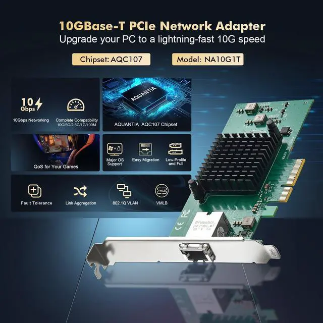 Alt view image 2 of 7 - 10G PCIe Network Adapter, AQUANTIA AQC107 chip Binardat LAN Ethernet Controller, 10G/5G/2.5G/1G/100Mbps RJ45 NIC Card,Support PXE for Windows/Linux