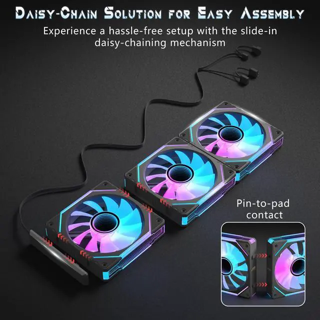 Alt view image 5 of 7 - Daisy Chain120mm Case Fan, Reverse Fan with 5V 3-PIN Connector, Daisy Chain PWM PC RGB Fans for Cases CPU Liquid Coolers, 3Pack