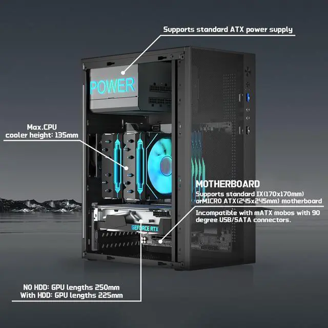 Alt view image 5 of 7 - Micro ATX case, Mini itx case with USB3.0, USB2.0 I/O Port,&Standard ATX PSUs, matx case Side Panel Ventilated Airflow DesignWith Dust Mesh FilterBlack