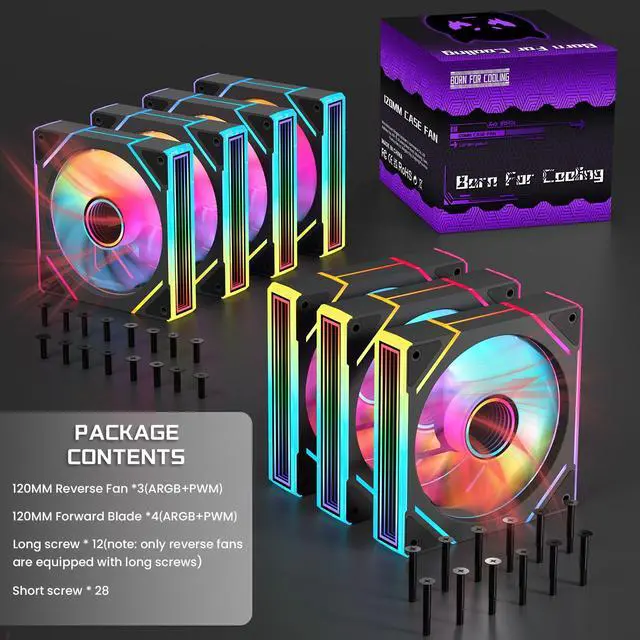 Alt view image 6 of 7 - 7 Pack ARGB Fans, 4 forward fan +3 reverse fans Intelligent temperature control (PWM), Fan Speeds Up to 1800 RPM with 28 LED Lights,Black