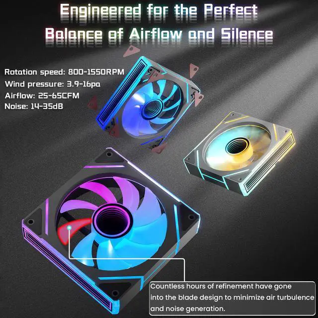 Alt view image 7 of 7 - 7 Pack ARGB Fans, 4 forward fan +3 reverse fans Intelligent temperature control (PWM), Fan Speeds Up to 1800 RPM with 28 LED Lights,Black