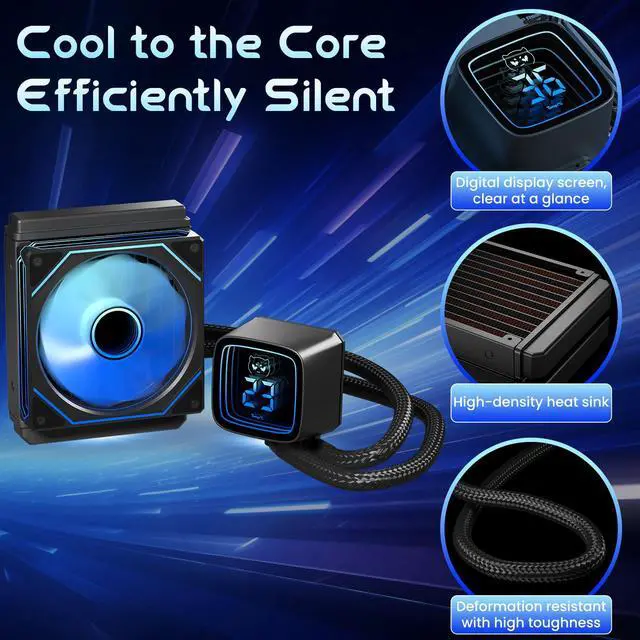 Alt view image 5 of 7 - 120MM AIO CPU Cooler with Digital Display, 120mm Liquid Cooling, ARGB PWM Fans,LGA 1700/1200/115X/1366/775, AM5/AM4, Black