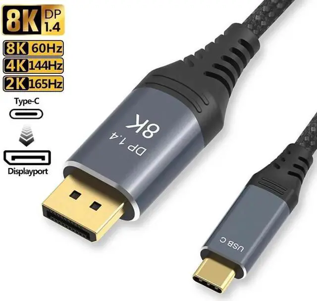 Main image of 8K USB-C to DisplayPort Cable 6.6-Foot 4K@144Hz 8K@60Hz 5K 2K@165Hz USB to DP Adapter Display Port Cord Nylon Braided Aluminum Connector for Monitor Computer Laptop Television Tablet
