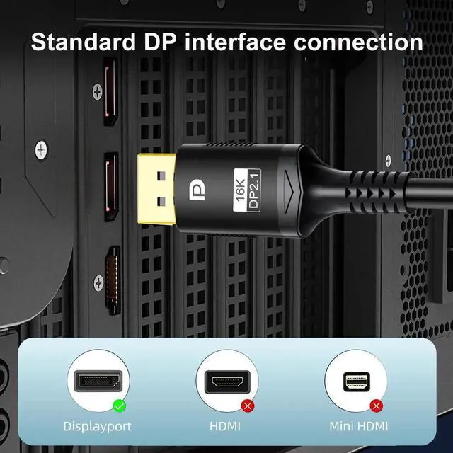Alt view image 4 of 7 - 16K DisplayPort 2.1 Cable 3.3FT, DP2.1 Cable 240hz,Ultra High Speed 80Gbps, DP Cable 16K@30Hz, 8K@60Hz/120Hz, 4K@240Hz, HDR, HBR3 Display Port Cord for Laptop/PC/TV/Gaming Monitor