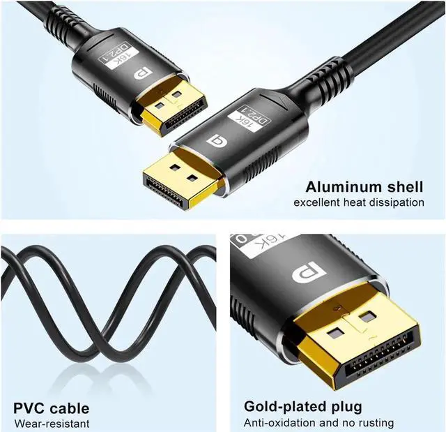 Alt view image 7 of 7 - 16K DisplayPort 2.1 Cable 3.3FT, DP2.1 Cable 240hz,Ultra High Speed 80Gbps, DP Cable 16K@30Hz, 8K@60Hz/120Hz, 4K@240Hz, HDR, HBR3 Display Port Cord for Laptop/PC/TV/Gaming Monitor