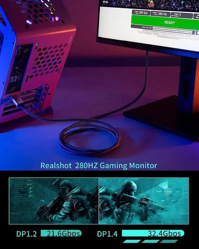 Alt view image 5 of 7 - 8K 60Hz DisplayPort Cable 3.3FT, DP 1.4 Male Ultra High Speed Cord for Laptop/PC/TV/Gaming Monitor,Support Bandwidth of 32.4Gbps, 4K@144Hz, 2K@165Hz, 1080P@240Hz - Gray