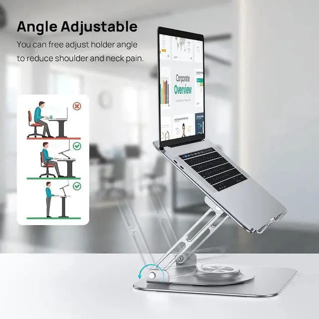 Alt view image 3 of 7 - Laptop Stand, Ergonomic 360° Swivel Laptop Stand for Desk, Adjustable Metal Computer Stand, Foldable and Portable Laptop Riser Holder for MacBook, iPad Pro, 10-16" Laptops - Silver