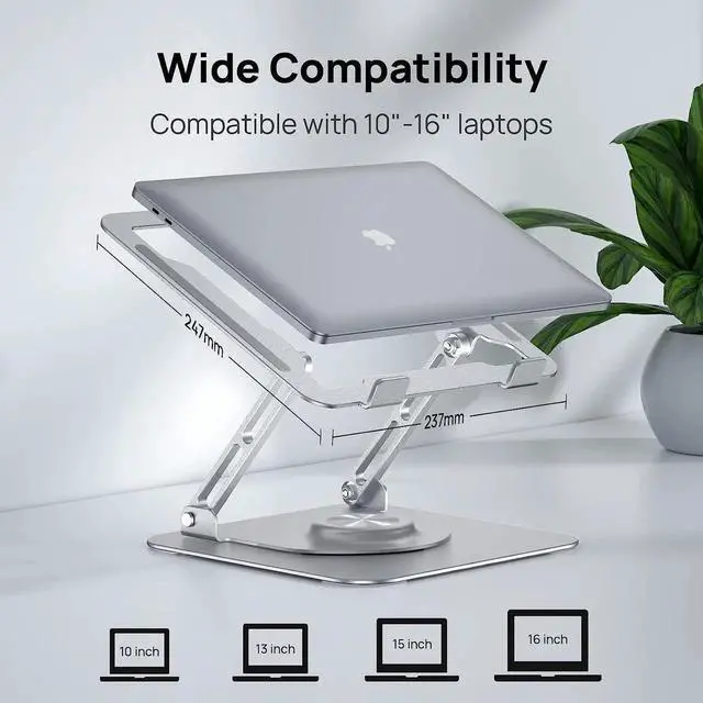 Alt view image 7 of 7 - Laptop Stand, Ergonomic 360° Swivel Laptop Stand for Desk, Adjustable Metal Computer Stand, Foldable and Portable Laptop Riser Holder for MacBook, iPad Pro, 10-16" Laptops - Silver
