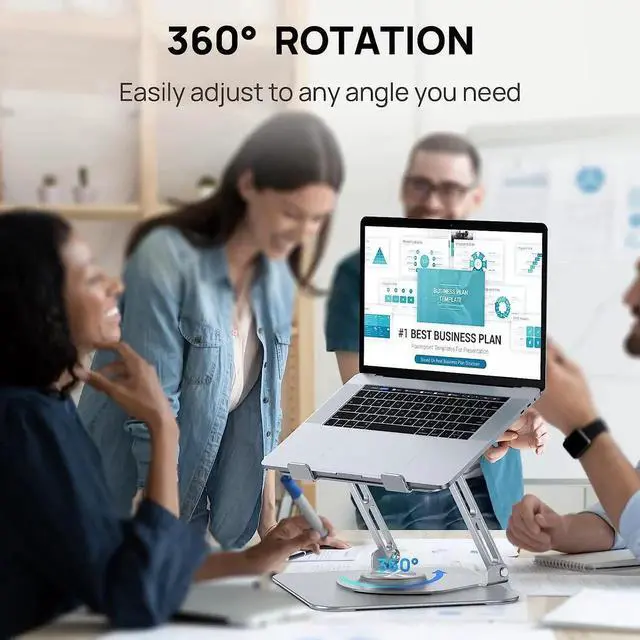 Alt view image 6 of 7 - Laptop Stand for Desk, Adjustable Laptop Riser with 360° Rotating Base, Ergonomic Laptop stand with Multi-Angle Stand and Heat-Vent, Foldable&Portable Laptop Stand, fits for 10-16" Laptops (Silver)