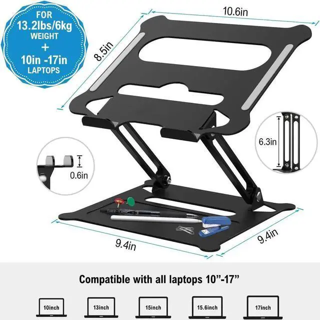 Alt view image 7 of 7 - Laptop Stand, Adjustable Laptop Stand for Desk, Aluminum Computer Stand, Foldable Laptop Riser Stand Compatible with MacBook Air Pro, Dell, Hp and More 10-17" Laptops-Z19-Black