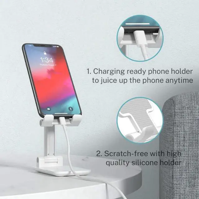 Alt view image 4 of 7 - Foldable Desktop Cell Phone Stand Holder,Upgraded T9 Extensiable Anti-Slip Base and Height Angle Adjustable Desk Phone Holder for 4-12.9Inches iPad, Kindle, Mobile Phone, Tablet and Switch, White