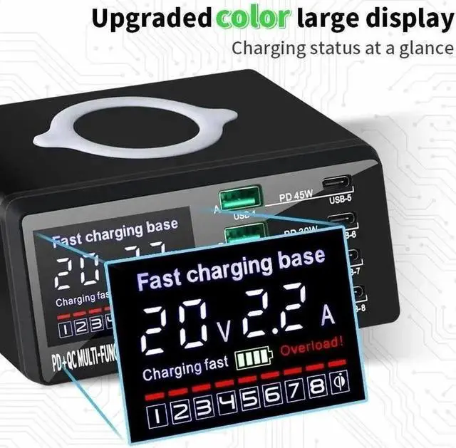 Alt view image 7 of 7 - 110W 8-Port Desktop Charging Station + Wireless Charging, Multiple USB, Multi Port Travel Fast Charger Hub with LCD Digital Diaplay for Smart Phones, Tablet and More