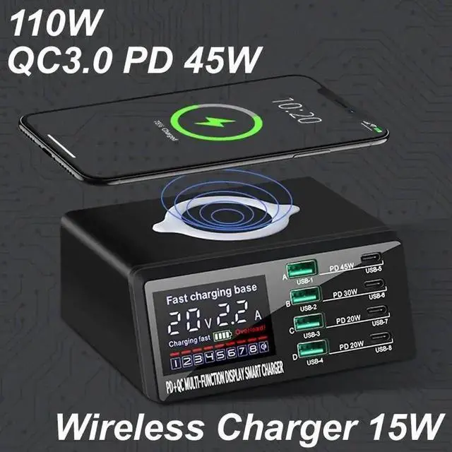 Main image of 110W 8-Port Desktop Charging Station + Wireless Charging, Multiple USB, Multi Port Travel Fast Charger Hub with LCD Digital Diaplay for Smart Phones, Tablet and More