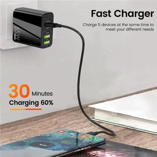 Alt view image 3 of 7 - 65W GaN USB C Quick Charger QC4.0 QC PD 3.0 TypeC 5 Port Supercharge Plug For iPad iPhone Huawei Samsung Xiaomi Universal Fast Charger - Black