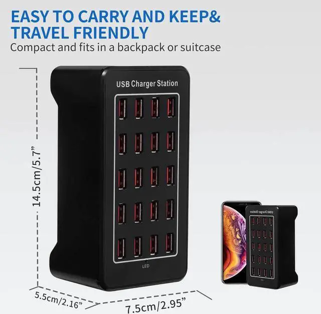 Alt view image 4 of 7 - 20-Port 100 watt (20 A) USB Charging Station, Home Desktop USB Fast Charger, Multiple USB Desktop Chargers, Suitable for Hotels, Shops - Black